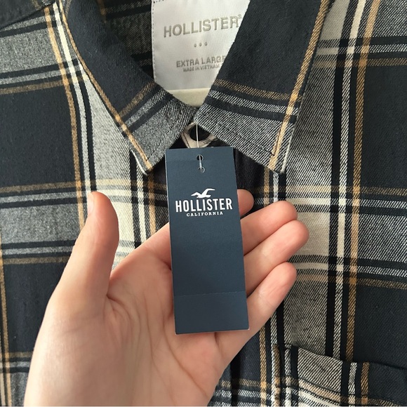 [XL] Hollister NWT Men's Classic Black and White Plaid Flannel Shirt Relaxed Fit - Picture 9 of 12